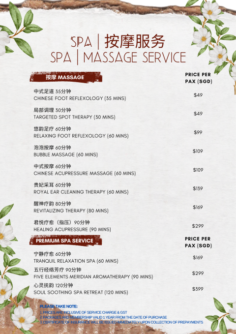 SPA & Massage Services Price List